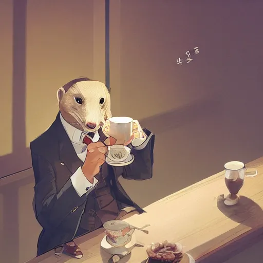 Image similar to a weasel in a suit was drinking tea, surrounded by tea houses ambient lighting, 4 k, russ mill, rossdraws, wenjun lin, jung gi kim, artstation