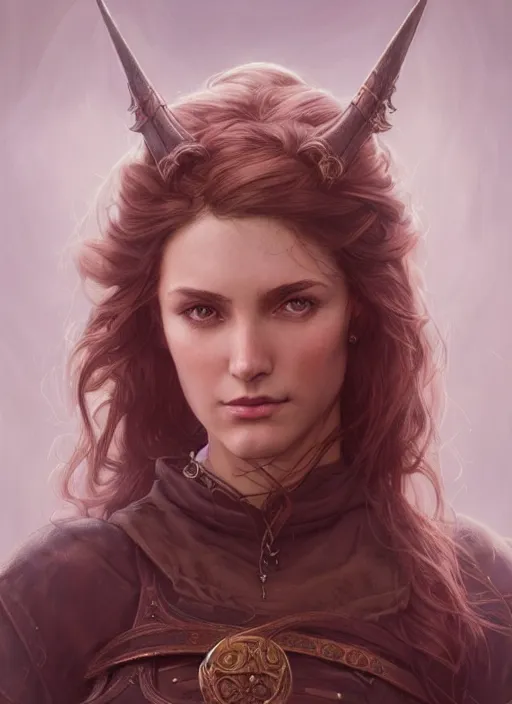 Prompt: portrait of a ruggedly handsome female cleric, soft hair, half body, leather, witchy, d & d, fantasy, intricate, elegant, highly detailed, digital painting, artstation, concept art, smooth, sharp focus, illustration, art by artgerm and greg rutkowski and alphonse mucha, plain red background