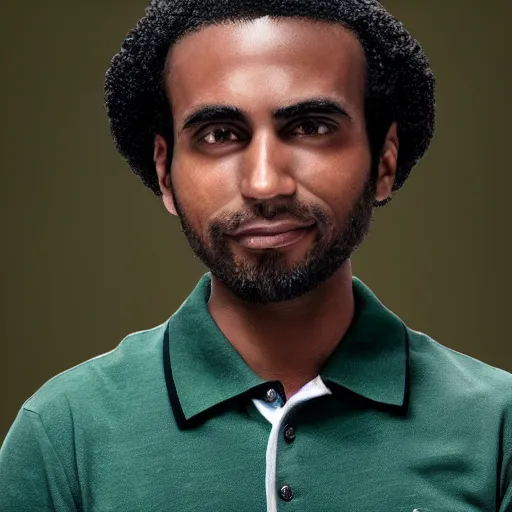 Image similar to a 30 year old skinny brown skinned programmer guy with no beard and thick black hair on top, short on sides, in a dark green polo shirt, blue jeans and grey sneakers funko pop close up highly detailed photo