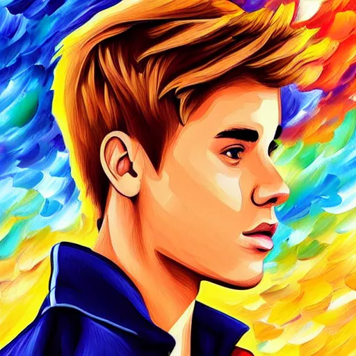 Image similar to justin bieber artwork by leonid afremov, golden hour, illustration, highly detailed, simple, smooth and clean vector curves, no jagged lines, vector art, smooth, artstation