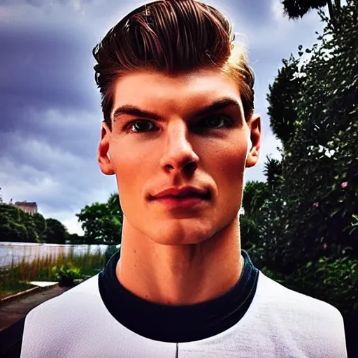 Image similar to “a realistic detailed photo of a guy who is an attractive humanoid who is half robot and half humanoid, who is a male android, Max Verstappen, shiny skin, posing like a statue, blank stare”