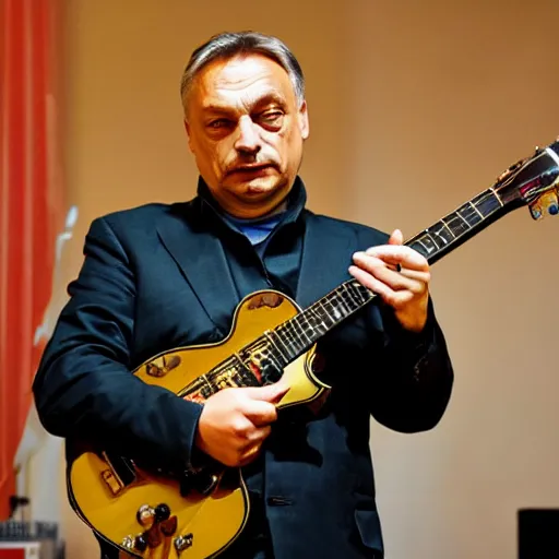 Image similar to viktor orban with a guitar, concert photography