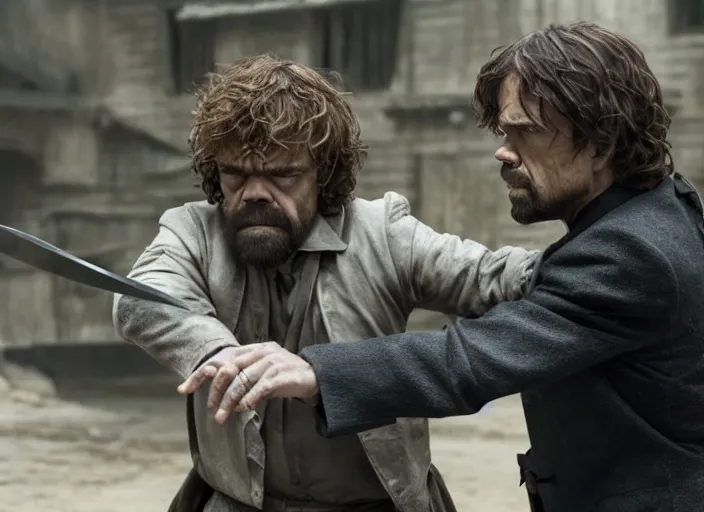 Image similar to peter dinklage knife fighting willem dafoe, movie still, from the new john wick movie, 8 k, realistic