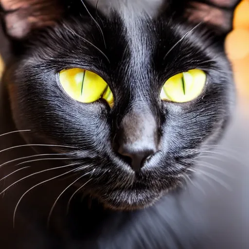 Prompt: close up photograph of a black cat staring towards the camera, wide angle