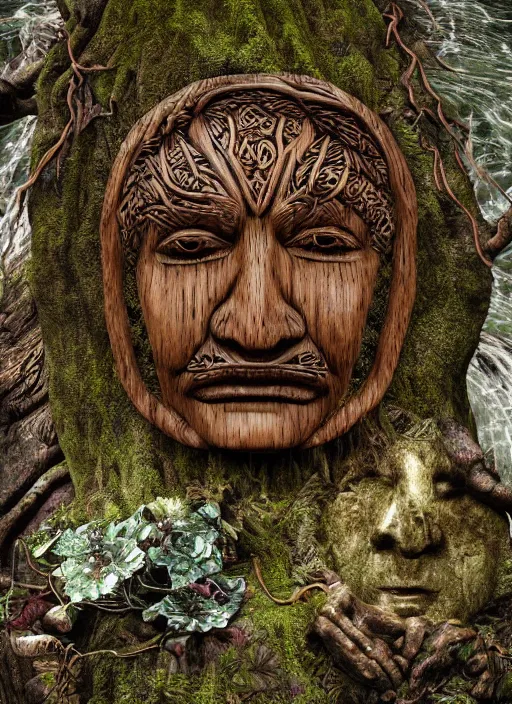 Image similar to wooden sculpture of a druid face, etched with Celtic symbols, eyes open, at a majestic forest waterfall + cascading water + fluid dynamics + particle physics, rocks, flowers, oak leaves, brown silk, glowing gold and silver embers, song of the sea inspired, Rasterized render, cgi, 3d, hyper-detailed, ultra-realistic, photo-bash, 8k post-production, masterpiece