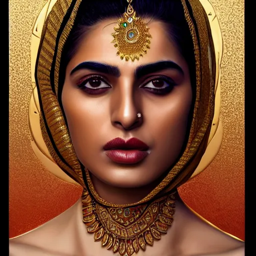 Image similar to portrait of a pakistani woman :: side profile :: blood :: background sea :: intricate details :: gold :: oxygen implant :: 8k :: marvel and Sandra Chevrier