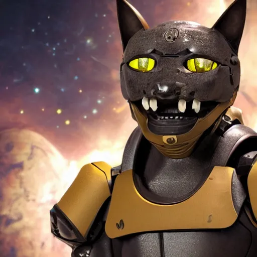 Image similar to humanoid with cat-like features in futuristic space armor with force fields, yellow eyes, teeth that protrude past the lower lip and fine grayish fur on their faces and backs of their hands and carrying weapons, octane,