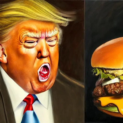 Image similar to realistic painting by jenny saville of!! donald trump!! licking a! cheeseburger!, art by jenny saville and tom bagshaw, detailed, sharp, smooth,! hamburger!