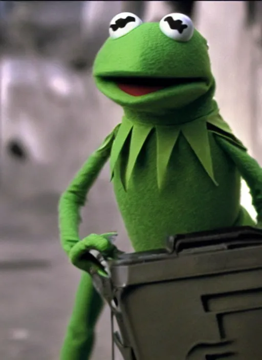 Image similar to film still of (Kermit the Frog) as The Terminator in Terminator, 4k