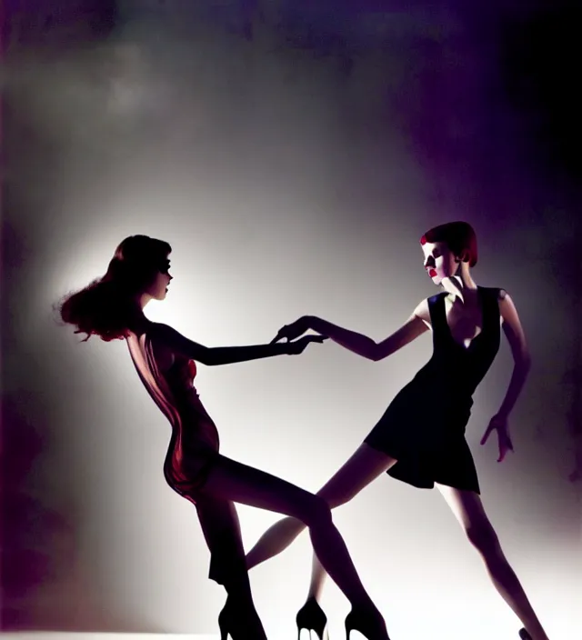 Image similar to la la land unseen film scene of gaz station by night starring seductive actress doing tango dancing, with stylish colorfull makeup and fluid cloth. intriguing soft back lighting, highly detailed, skin grain detail, photography by paolo roversi, nick knight