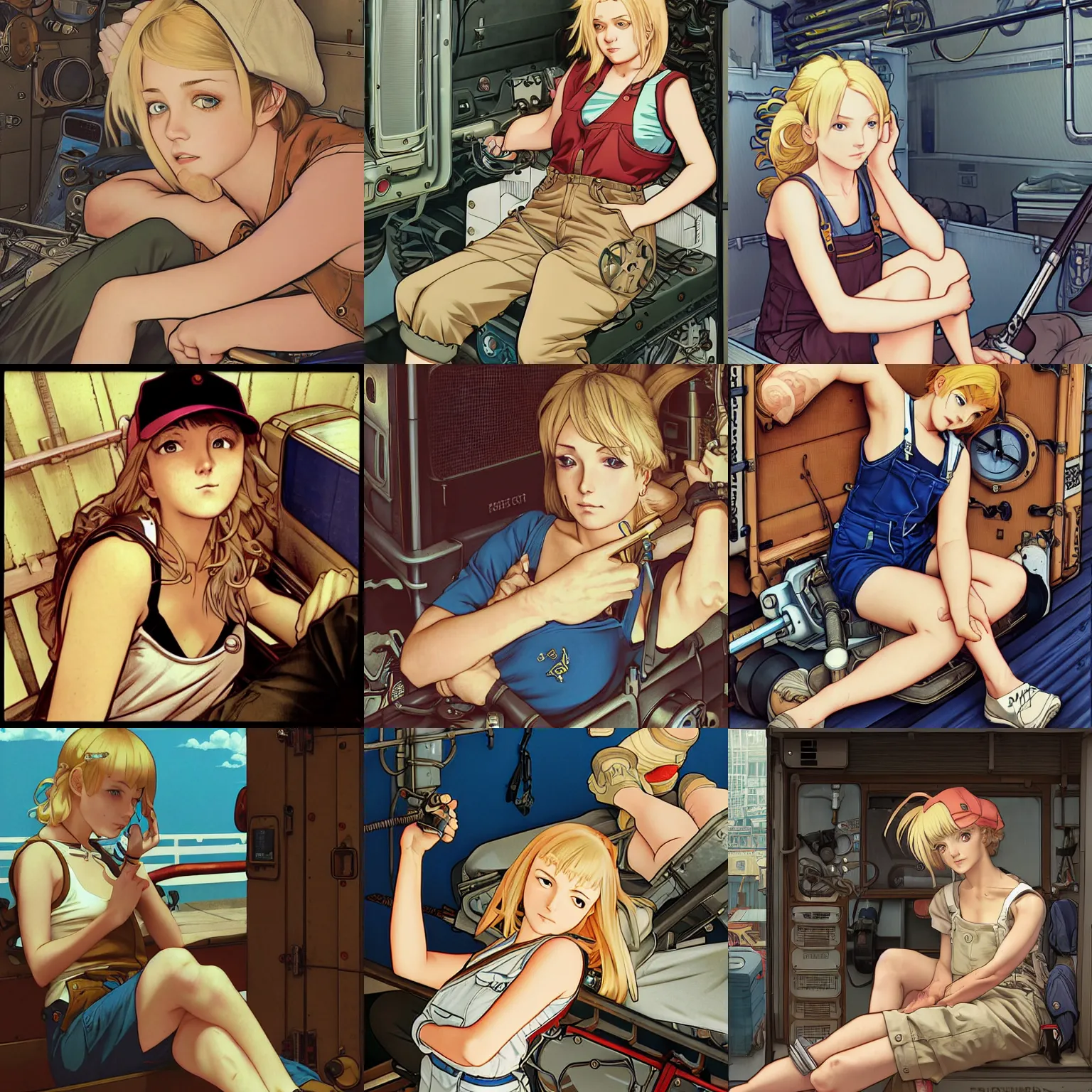 Prompt: Portrait of a mechanic resting in her cramped bunk, blonde, tank top, overalls, steampunk, Ilya Kuvshinov face, highly detailed, cel shading, digital painting, anime key visual, artwork by Hayao Miyazaki and Alphonse Mucha