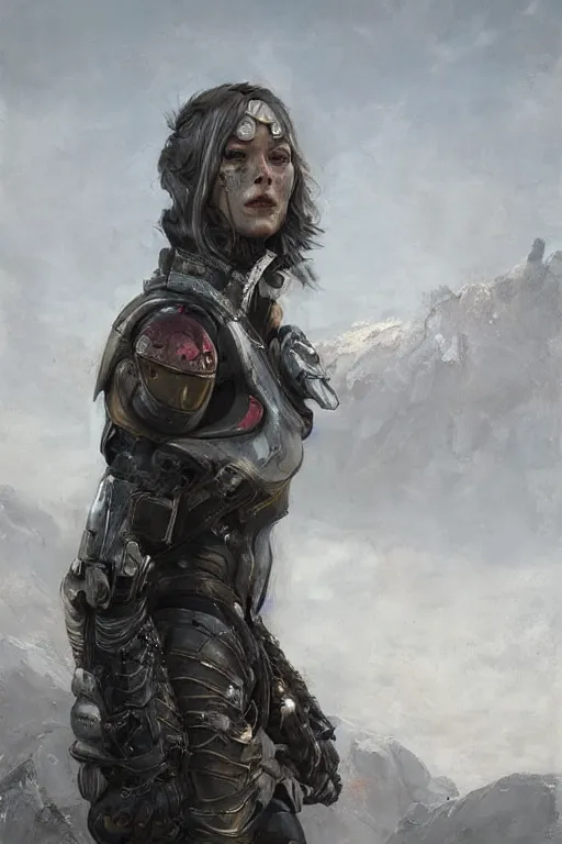 Prompt: a portrait of a woman in a post apocalyptic landscape in futuristic armour by eve ventrue