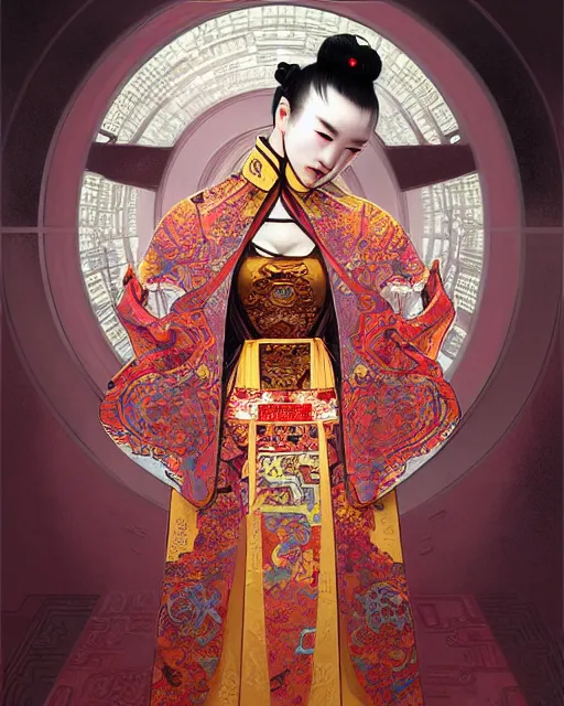 Image similar to portrait of a chinese cyberpunk machine, machine face, robed, upper half portrait, decorated with chinese opera motifs, regal, asian, fine china, wuxia, traditional chinese art intricate intense elegant 京 剧 highly detailed digital painting artstation concept art smooth sharp focus illustration, art by artgerm and greg rutkowski alphonse mucha 8 k