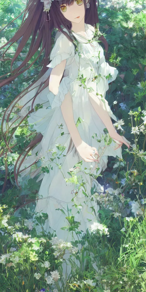 Prompt: a loli with long hair in a dress in the privet garden at after noon, green and warm theme, blue accents, low angle, back lighting, highly detailed, 4 k resolution, trending on art station, by krenz cushart and mucha and akihito yoshida and greg rutkowski and makoto shinkai