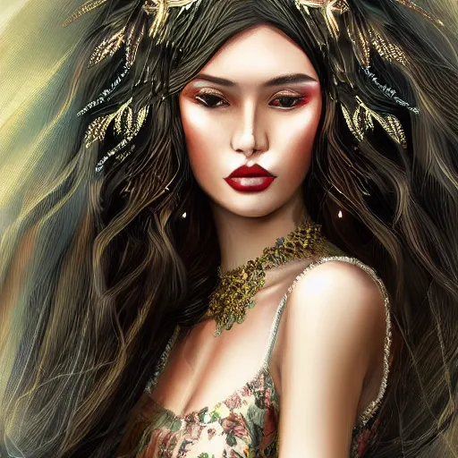 Image similar to A portrait of an attractive young female, beautiful long flowered hair, wearing a dress of black golden feathers, intricate, highly detailed, elegant, digital painting, trending on artstation