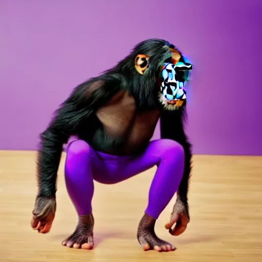 Prompt: photo of chimpanzee wearing yoga pants doing yoga in a yoga studio on a purple yoga mat, 5 0 mm, beautiful photo