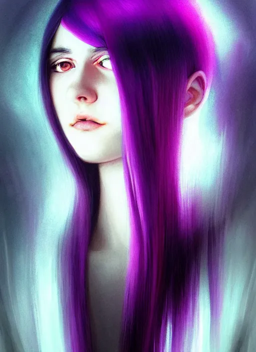 Image similar to hair whitebangs hair, black hair, whitebangs, portrait of teenage girl with white bangs, red irises, purple clothes, white bangs, bangs are different color from hair, intricate, elegant, glowing lights, highly detailed, digital painting, artstation, concept art, smooth, sharp focus, illustration, art by wlop, mars ravelo and greg rutkowski