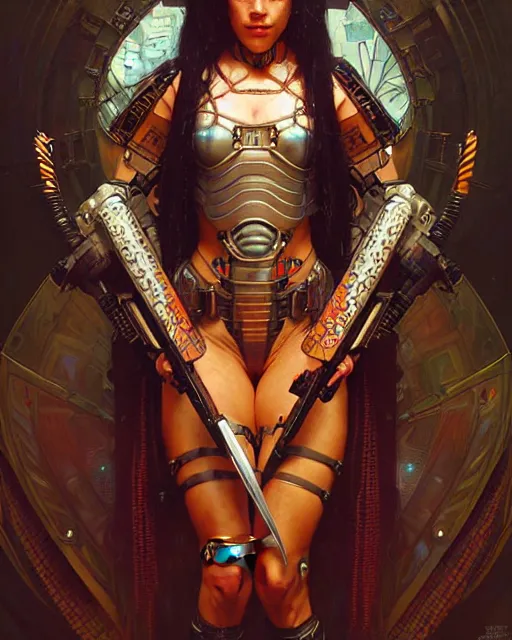 Image similar to portrait of a beautiful cyberpunk amazonian woman wearing a warrior armor, beautiful symmetrical face, fantasy, regal, by stanley artgerm lau, greg rutkowski, thomas kindkade, alphonse mucha, loish, norman rockwell.