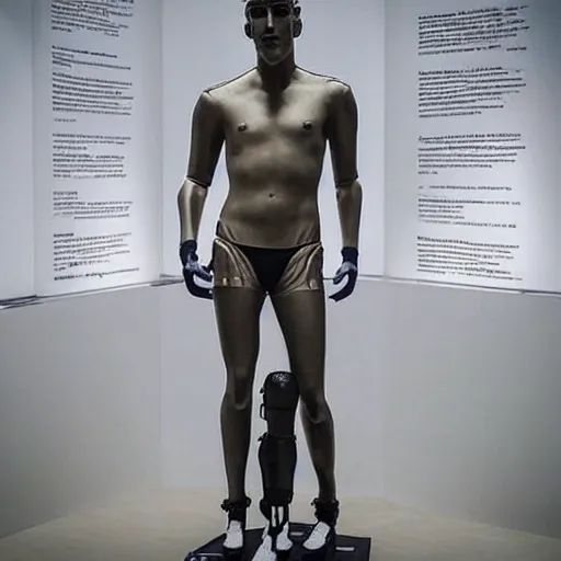 Image similar to “ a realistic detailed photo of a guy who is an attractive humanoid who is half robot and half humanoid, who is a male android, soccer player antoine griezmann, shiny skin, posing like a statue, blank stare, at the museum, on display ”