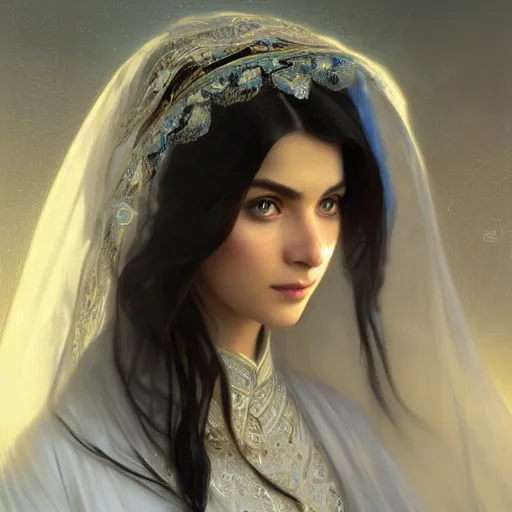 Image similar to ameera al taweel, bright blue eyes, long wavy black hair, white veil, digital painting, artstation, concept art, smooth, sharp focus, illustration, ArtStation, art by artgerm and greg rutkowski and alphonse mucha and Edmund Blair Leighton