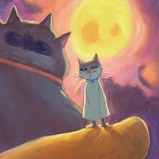Image similar to An oil painting of cat wizard in the style of Ghibli