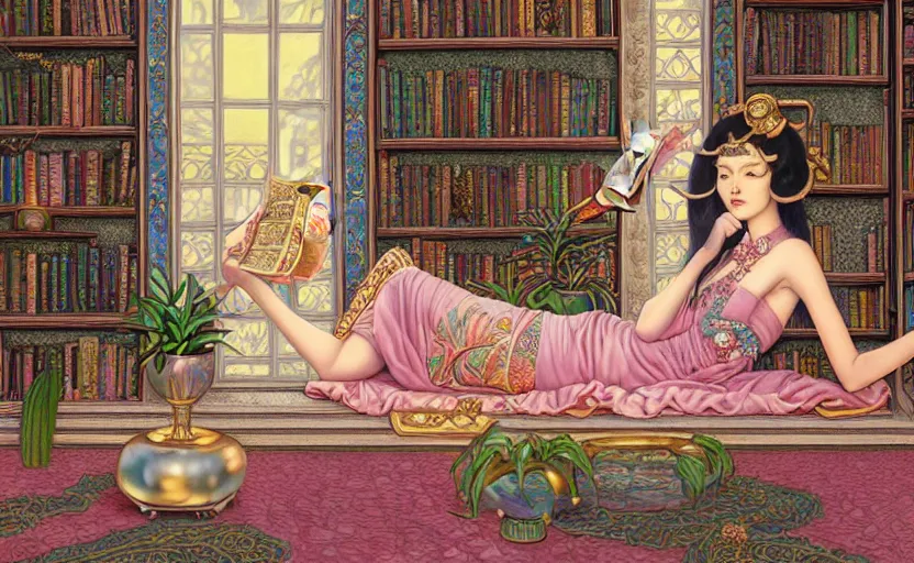 Prompt: a detailed fantasy pastel portrait of a woman wizard in ornate clothing lounging on a purpur pillow on the marble floor in front of her bookcase in a room, reading an ancient tome. to the side is a potted plant. ancient retrofuturistic setting. 4 k key art. raytracing, by chie yoshii and yoshitaka amano.