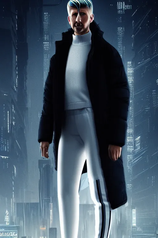 Image similar to extreme long shot. 35 years old blonde russian man in white adidas pants. black letaher jacket. white sneakers. hangover face. staying on the street. 4k, 8k, hyprerealistic, extreme hight detail, trending on artstation, masterpiece. bladerunner 2049 colors. colourful