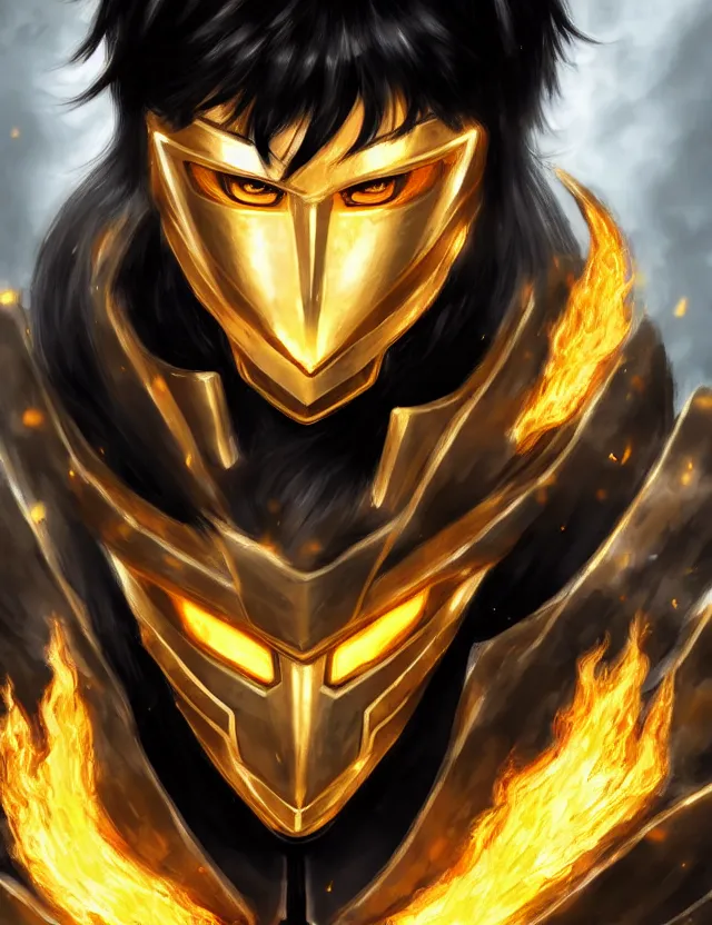 Image similar to a detailed manga portrait of a black haired man with hazel eyes in gleaming golden armour that burns with golden fire, trending on artstation, digital art, 4 k resolution, detailed, high quality, sharp focus, hq artwork, coherent, insane detail, character portrait