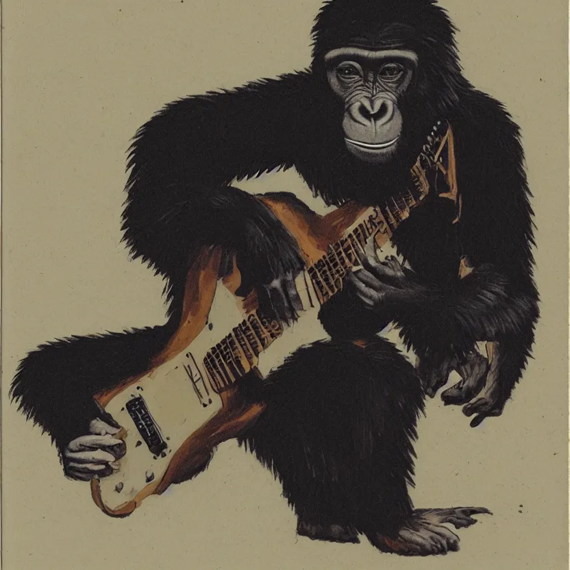 Image similar to portrait of an ape playing a guitar, polaroid