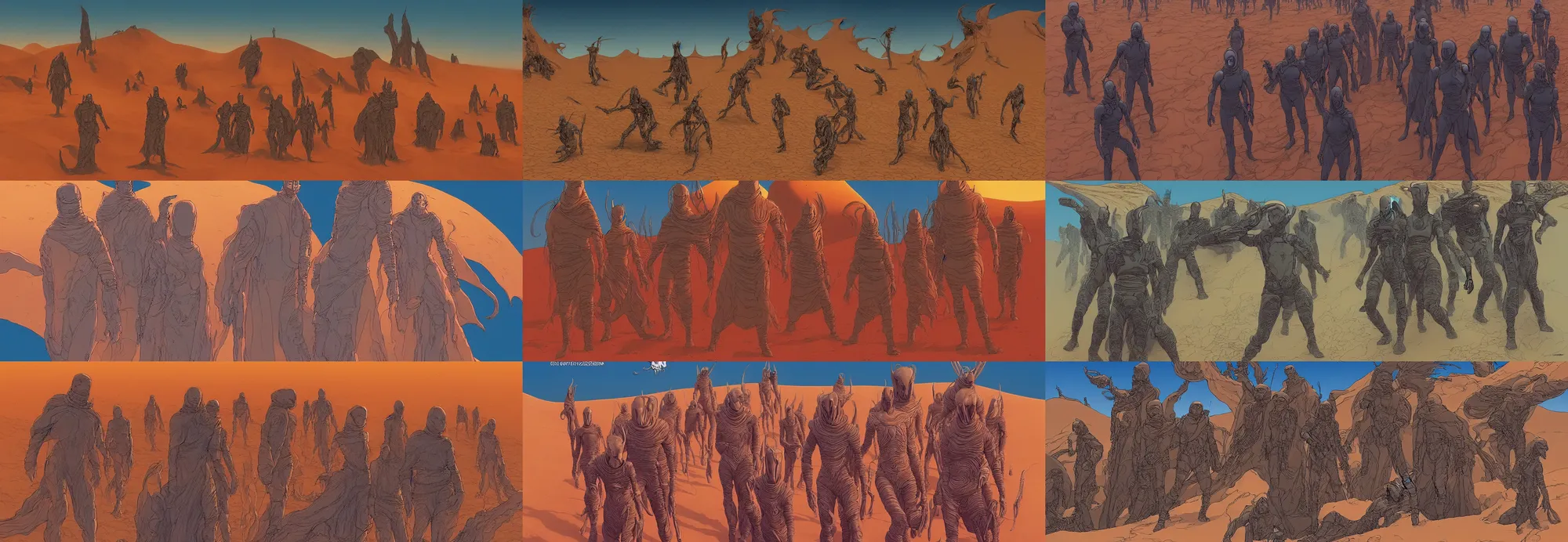 Prompt: dune 2021 by Denis Villeneuve but the Fremen are redesigned to be imaginative creative inhuman aliens, blue desert sand in alien world, art by moebius, Jean Giraud, cinematic, widescreen, 4k