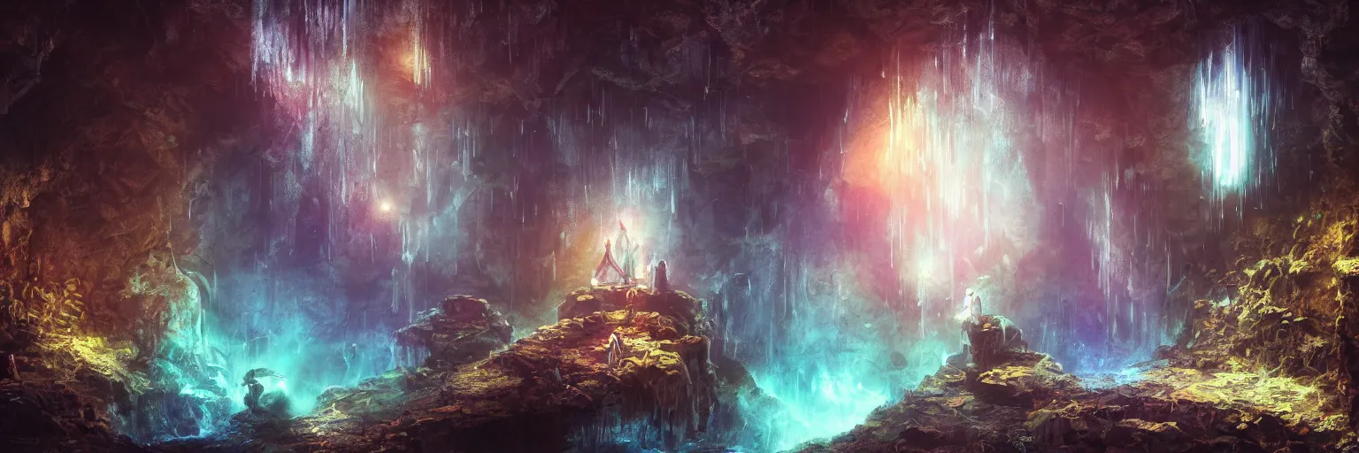 Image similar to oil painting, dungeon, underground scene, cave, glowing threads of drop, solitude under a waterfall, space flower fairy, space, stars, star rain, rich deep colors masterpiece, ultra detailed, beautiful fantasy, contrast, volumetric light, atmospheric lighting, cinematic, steampunk, moody, octane render 4 k, 8 k