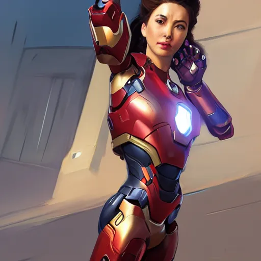 Image similar to greg manchess portrait painting of a female tony stark ironman as overwatch character, medium shot, asymmetrical, profile picture, organic painting, sunny day, matte painting, bold shapes, hard edges, street art, trending on artstation, by huang guangjian, gil elvgren, ruan jia, greg rutkowski, gaston bussiere