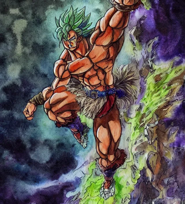 Image similar to a 3 / 4 view watercolor ink painting of broly as the god of war in the style of jean giraud in the style of moebius trending on artstation deviantart pinterest detailed realistic hd 8 k high resolution