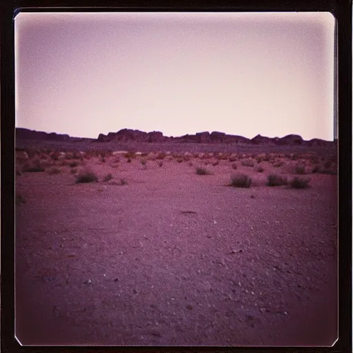 Image similar to a slot machine in the distance in the middle of a desert at night, very dark, dark lighting, old polaroid, damaged film, expired film, slightly blurry, liminal space, surreal,