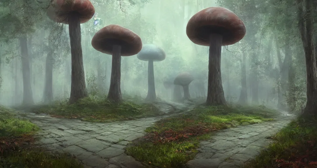 Image similar to road in a forest, giant mushrooms and victorian machinery, morning light, mist, highly detailed, fantasy art, 1 9 9 5 myst engine