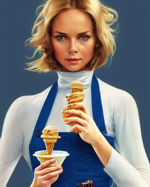 Image similar to a blonde fuller figured barbara bach from the bond film wearing blue dungarees and eating ice creams in porto, real life skin, intricate, elegant, highly detailed, artstation, concept art, smooth, sharp focus, art by artgerm and greg rutkowski and alphonse mucha