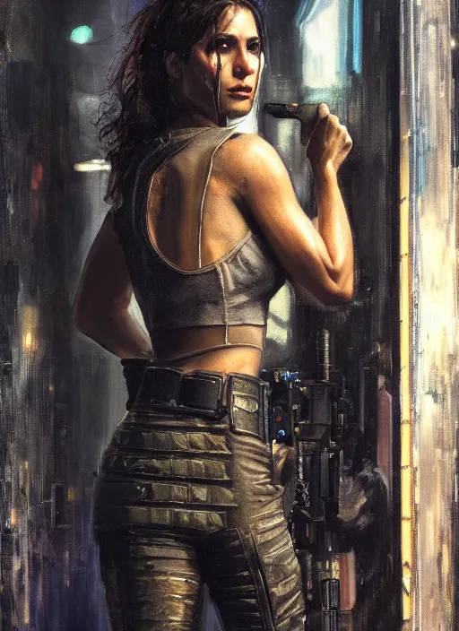 Image similar to Sonya Lopez. Cyberpunk hitwoman wearing military vest walking through nightclub (blade runner 2049, cyberpunk 2077). Orientalist portrait by john william waterhouse and James Gurney and Theodore Ralli and Nasreddine Dinet, oil on canvas. Cinematic, hyper realism, realistic proportions, dramatic lighting, high detail 4k