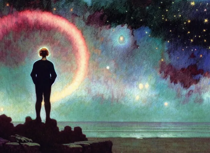 Image similar to dark silhuette of a man standing on a gray dull cliff looking out into a colorful cosmos, clouds, stars, rings, beautiful lighting, vivid colors, intricate, elegant, art by john collier and albert aublet and krenz cushart and artem demura and alphonse mucha