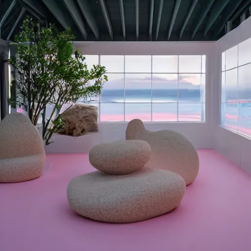 Image similar to An ultra high definition, professional photograph of ( an outdoor partial IKEA showroom inspired sculpture located on a pastel pink beach ((with pastel pink, dimpled sand where every item is pastel pink. )) The sun can be seen rising through a window in the showroom. The showroom unit is outdoors and the floor is made of dimpled sand. The showroom unit takes up 20% of the frame. )A square dot matrix sign displays an emoji somewhere in the scene. Morning time indirect lighting with on location production lighting on the showroom. In the style of wallpaper magazine, Wes Anderson.