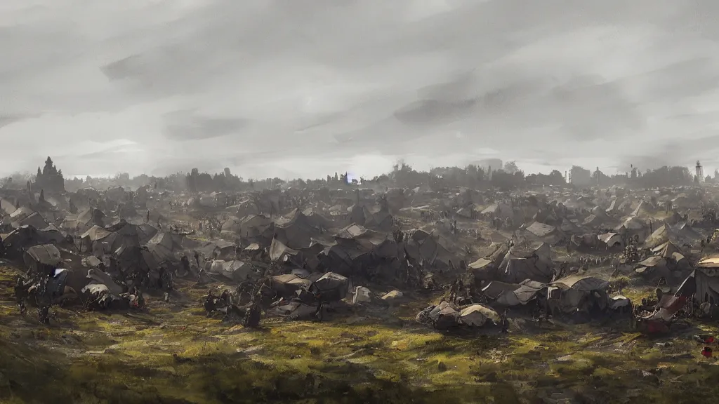 Image similar to panorama view of tents in siege camp with stone walls in background, watercolored, jakub rozalski, dark colours, dieselpunk, artstation