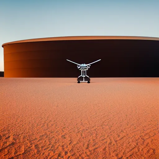 Prompt: flying robot with large diameter extrusion nozzle printing a massive structure in the australian desert, XF IQ4, 150MP, 50mm, F1.4, ISO 200, 1/160s, dawn