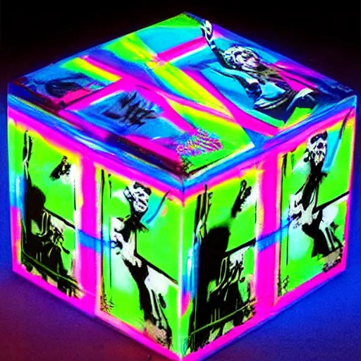 Image similar to banksy graffiti on magical black light prism cube, 1 9 9 9 aesthetic