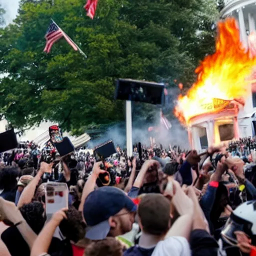 Prompt: a still ofewoks rioting in front of a the white house in washington.!!!, flaming torches and pitchforks