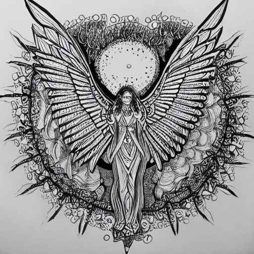 Image similar to a micron pen drawing of a seraphim, intricate