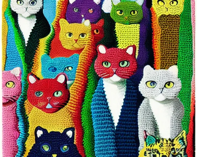 Prompt: cut and paste collage, multicolored crocheted cats by rene magritte