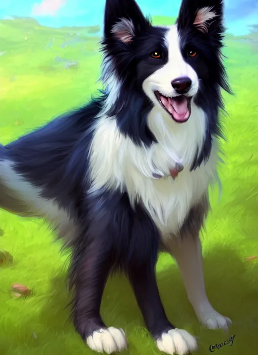 Image similar to wide angle beautiful full body portrait of a cute male anthropomorphic border collie fursona wearing a t - shirt and posing in front of a park, character design by charlie bowater, henry asencio, and ross tran, furry art, furaffinity, scenic background, beautiful, glamor pose, detailed, trending on artstation