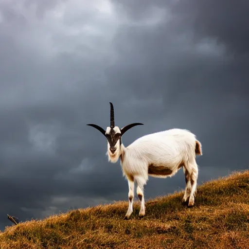 Prompt: a goat standing on a storm cloud