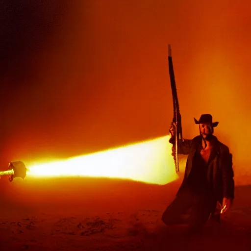 Prompt: indiana jones blows up the huge rolling bolder with a rocket launcher, in raiders of the lost ark, mid lighting, moody lighting, 8 k