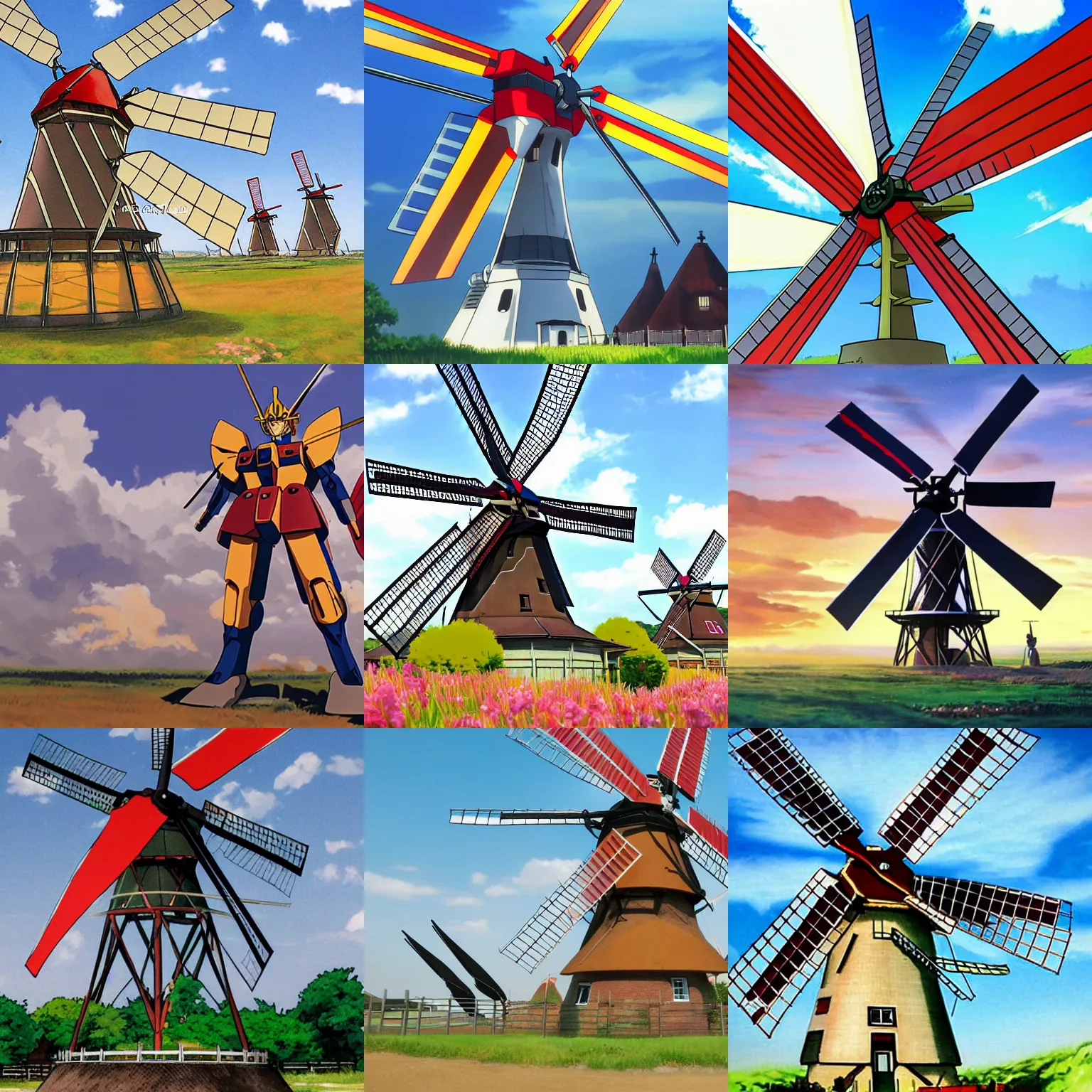Prompt: gundam as dutch windmill in anime, dutch windmill gundam