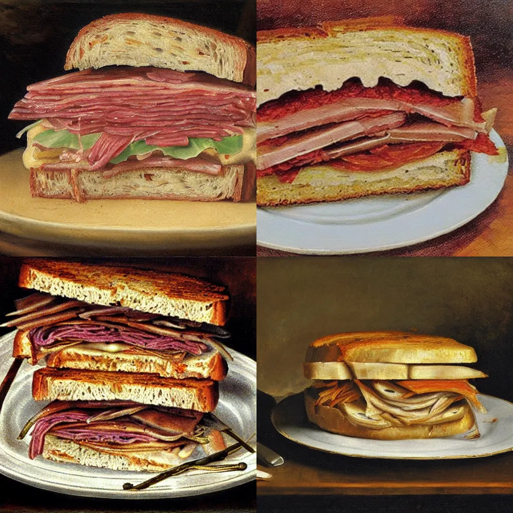 Prompt: reuben sandwich, painted by rubens